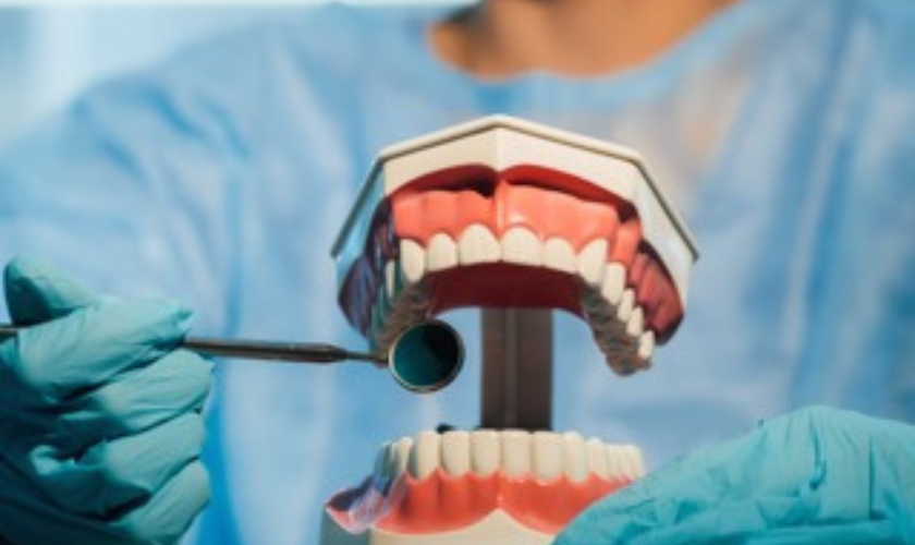 A dentist explaining the correct way to use dentures to a patient at Valley Dental Riverview